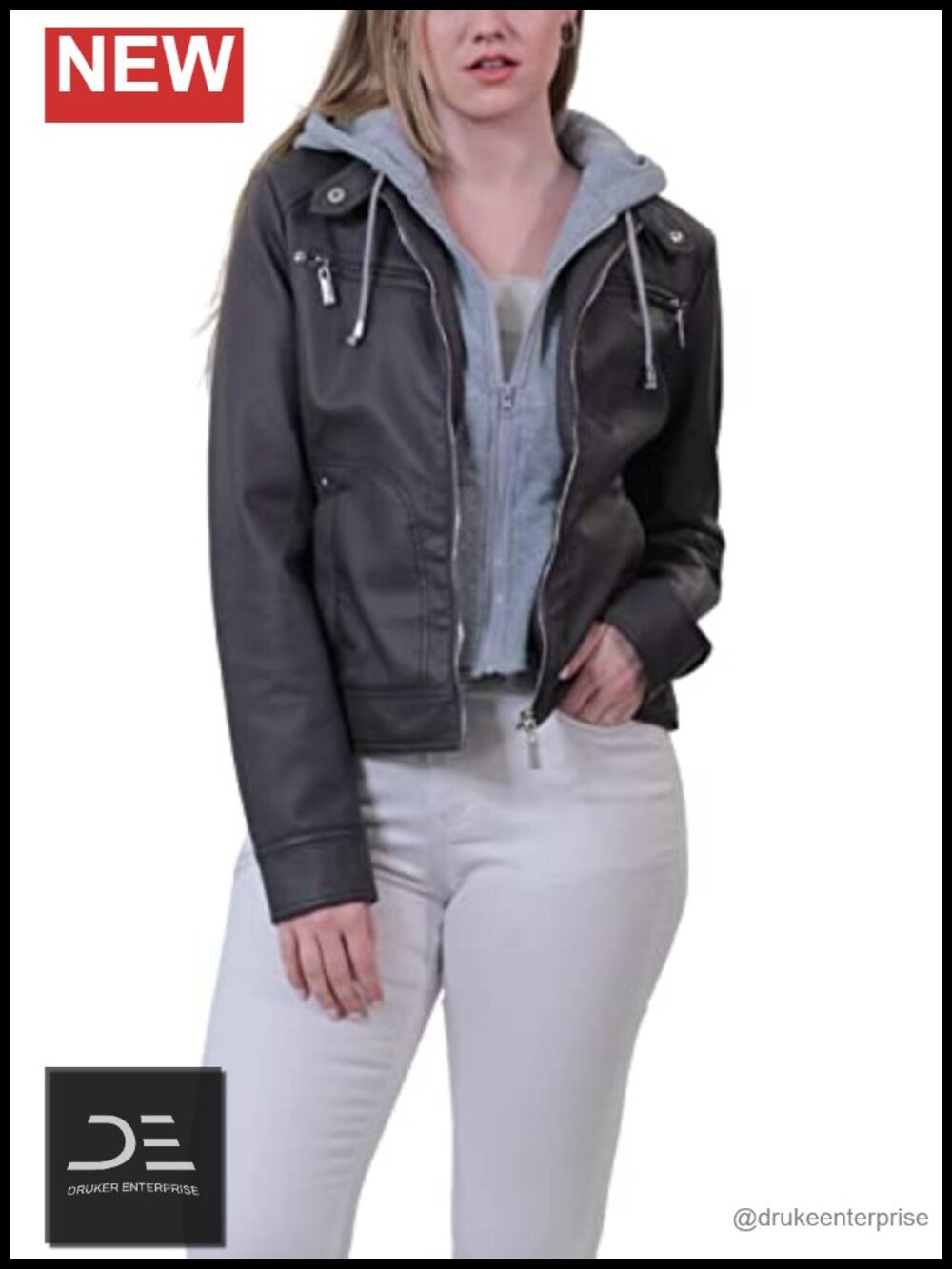 Vegan Leather Jacket with Faux Fur Lining & Removable Fleece Hoodie